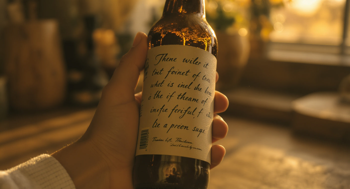 Hand mit literarisch beschrifteter Bierflasche im Nachmittagslicht