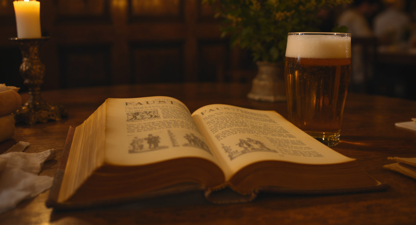Aufgeschlagene Goethe-Faust-Ausgabe neben Bierglas auf Holztisch