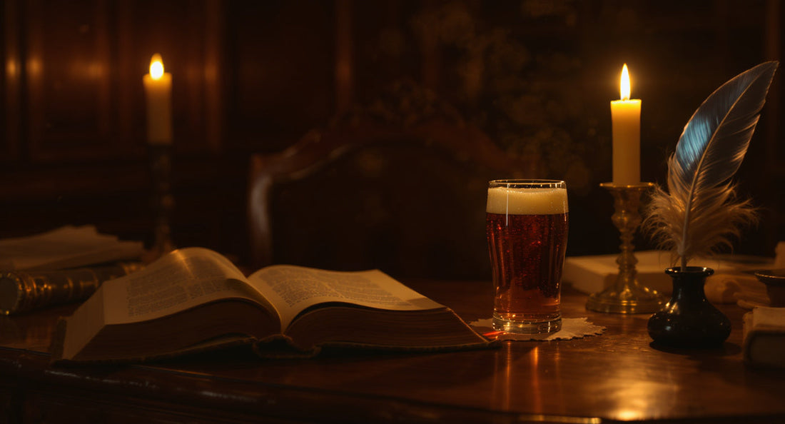 Schreibtisch mit aufgeschlagenem Buch, Glas Bier und Federkiel im Kerzenlicht