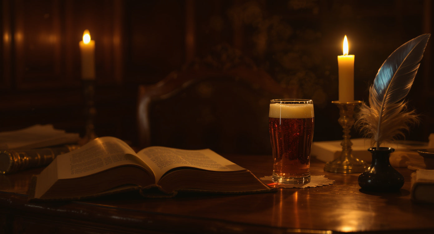 Schreibtisch mit aufgeschlagenem Buch, Glas Bier und Federkiel im Kerzenlicht