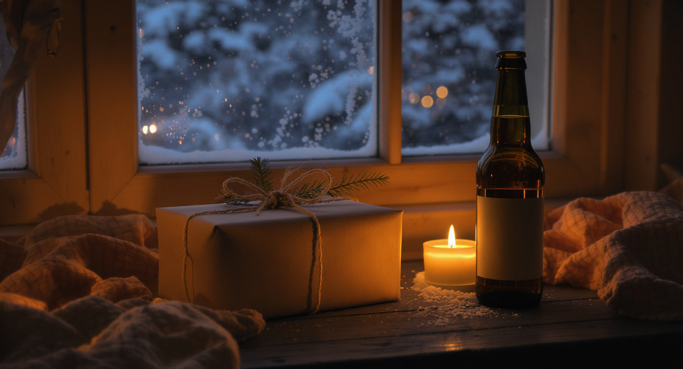 Geschenkkarton mit Tannenzweig und Bierflasche bei Kerzenlicht