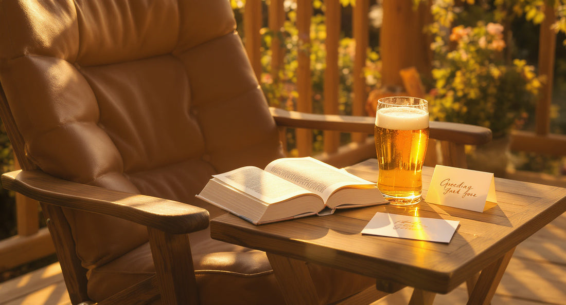 Holzpatio mit Sessel, aufgeschlagenem Buch, Glas Pils und Karte im Sonnenlicht