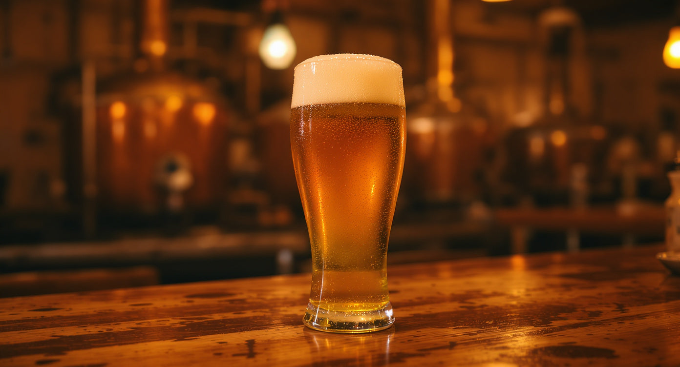 Goldenes Pilsner mit Schaumkrone in einem hohen Glas vor unscharfen Kupferkesseln