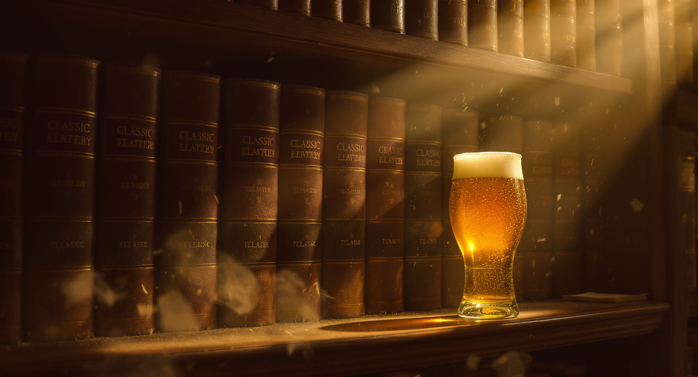 Antike Bücherregal mit klassischer Literatur und einem Glas Bier im Sonnenlicht